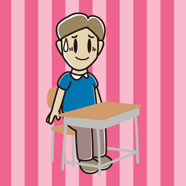 教室の席で苦笑いする男性のイラスト【色、背景あり】PNG