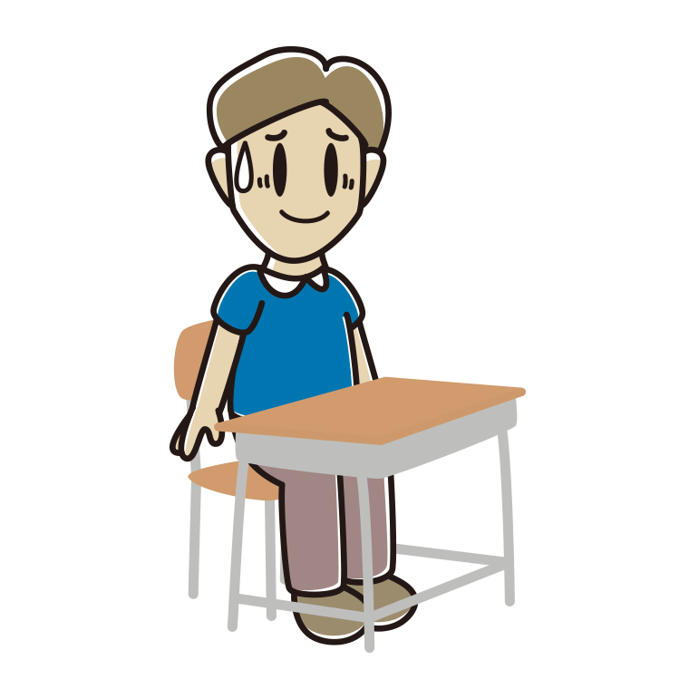 教室の席で苦笑いする男性のイラスト【色あり、背景なし】透過PNG