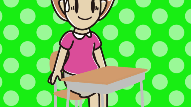 教室の席で苦笑いする女性のイラスト【色、背景あり】PNG