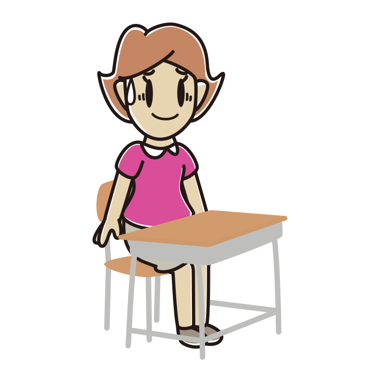 教室の席で苦笑いする女性のイラスト【色あり、背景なし】透過PNG