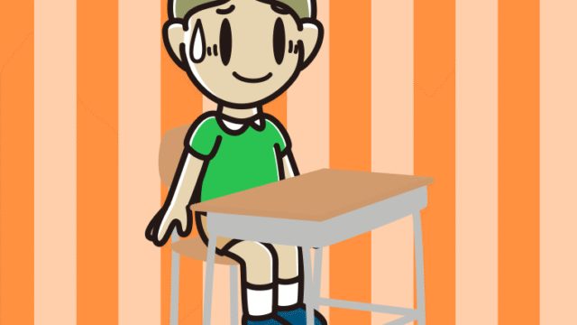 教室の席で苦笑いする小学生男子のイラスト【色、背景あり】PNG