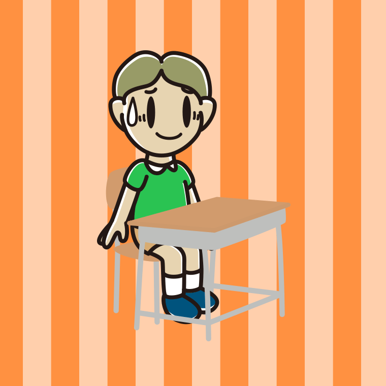教室の席で苦笑いする小学生男子のイラスト【色、背景あり】PNG