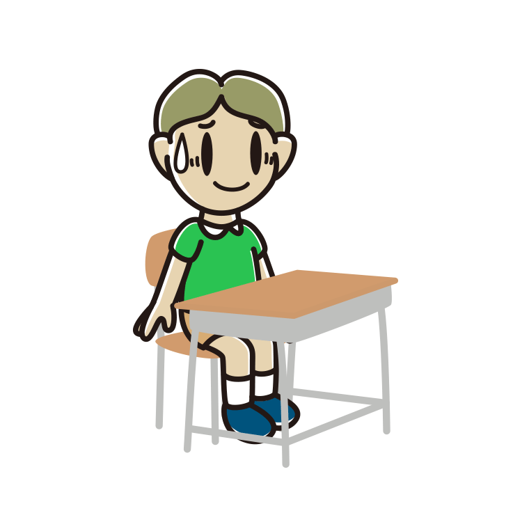 教室の席で苦笑いする小学生男子のイラスト【色あり、背景なし】透過PNG