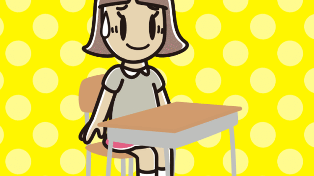 教室の席で苦笑いする小学生女子のイラスト【色、背景あり】PNG