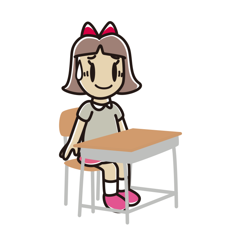 教室の席で苦笑いする小学生女子のイラスト【色あり、背景なし】透過PNG