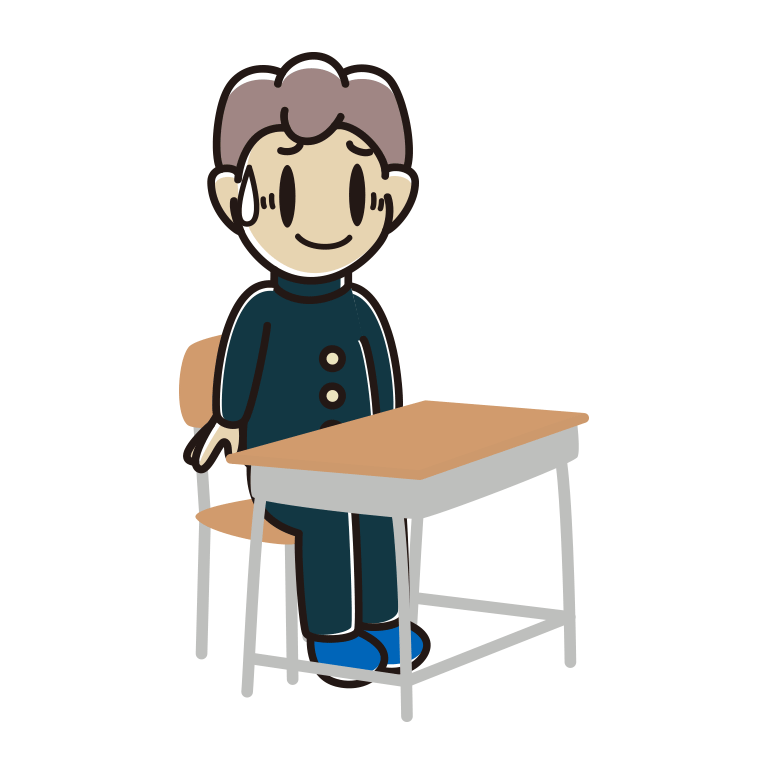 教室の席で苦笑いする男子中学生のイラスト【色あり、背景なし】透過PNG