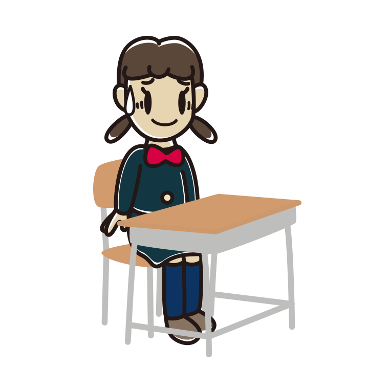 教室の席で苦笑いする女子中学生のイラスト【色あり、背景なし】透過PNG