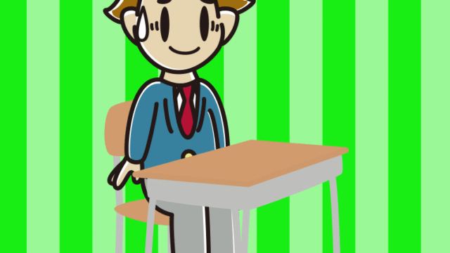 教室の席で苦笑いする男子高校生のイラスト【色、背景あり】PNG