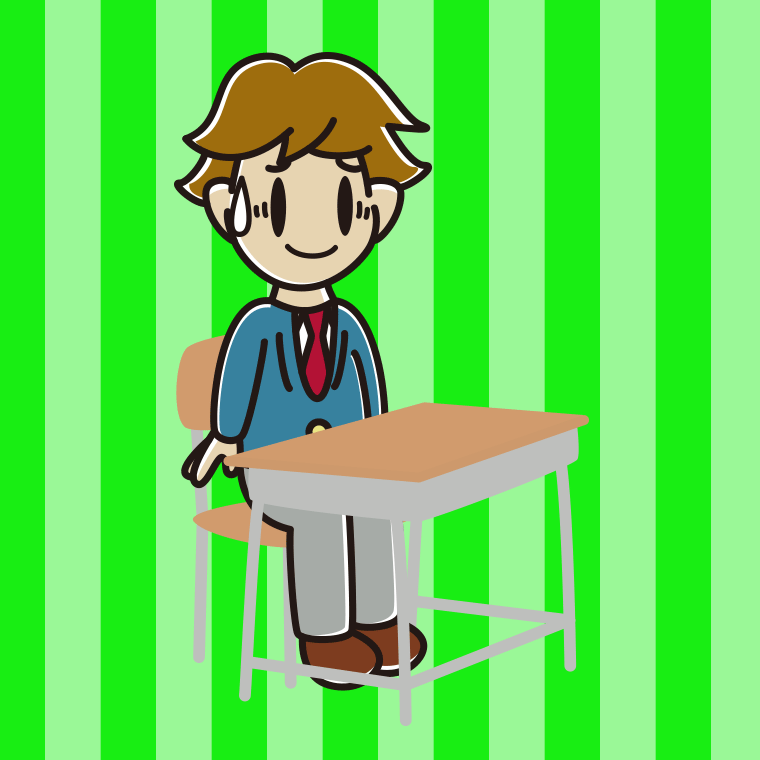 教室の席で苦笑いする男子高校生のイラスト【色、背景あり】PNG