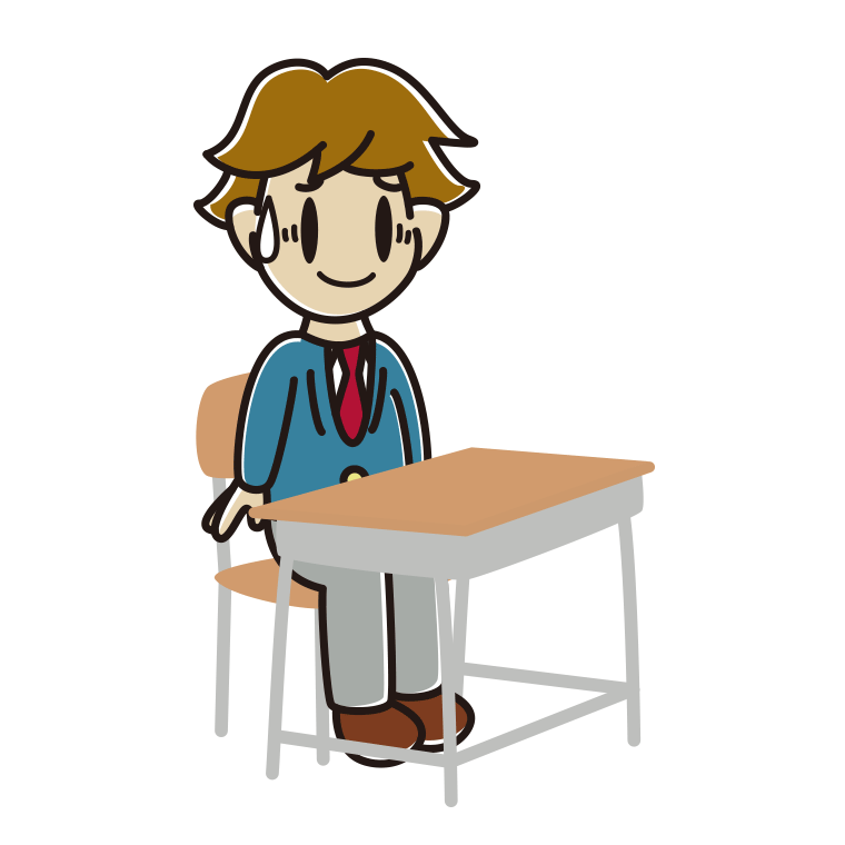 教室の席で苦笑いする男子高校生のイラスト【色あり、背景なし】透過PNG