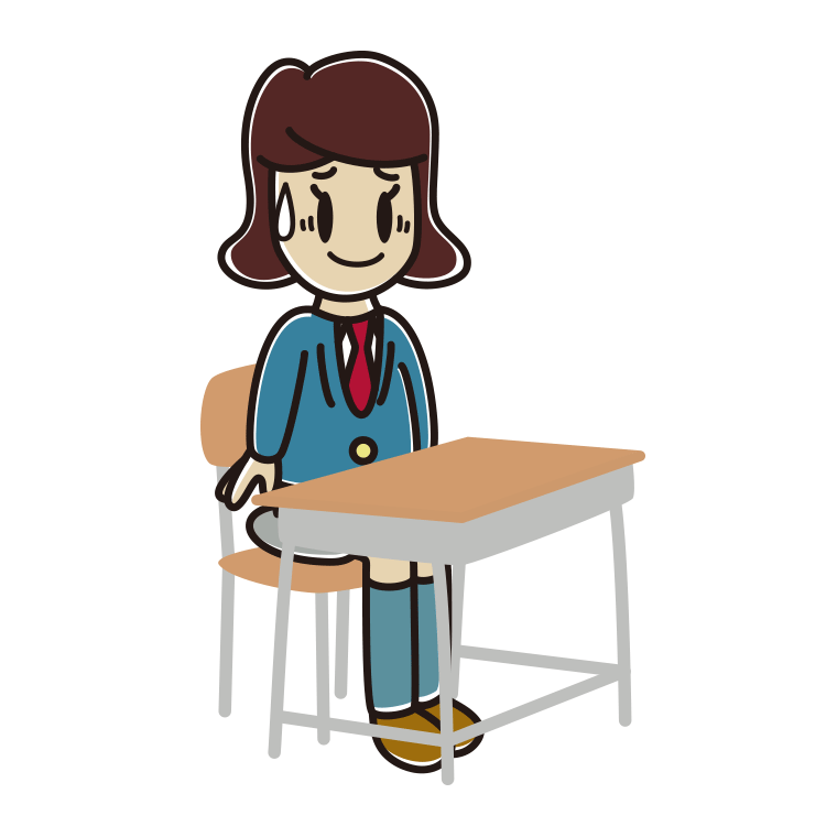 教室の席で苦笑いする女子高校生のイラスト【色あり、背景なし】透過PNG