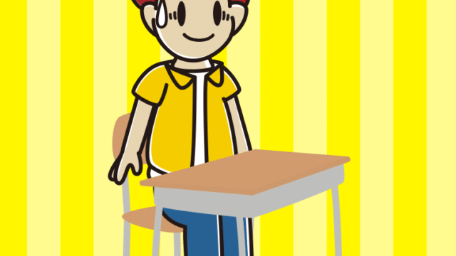 教室の席で苦笑いする男子大学生のイラスト【色、背景あり】PNG