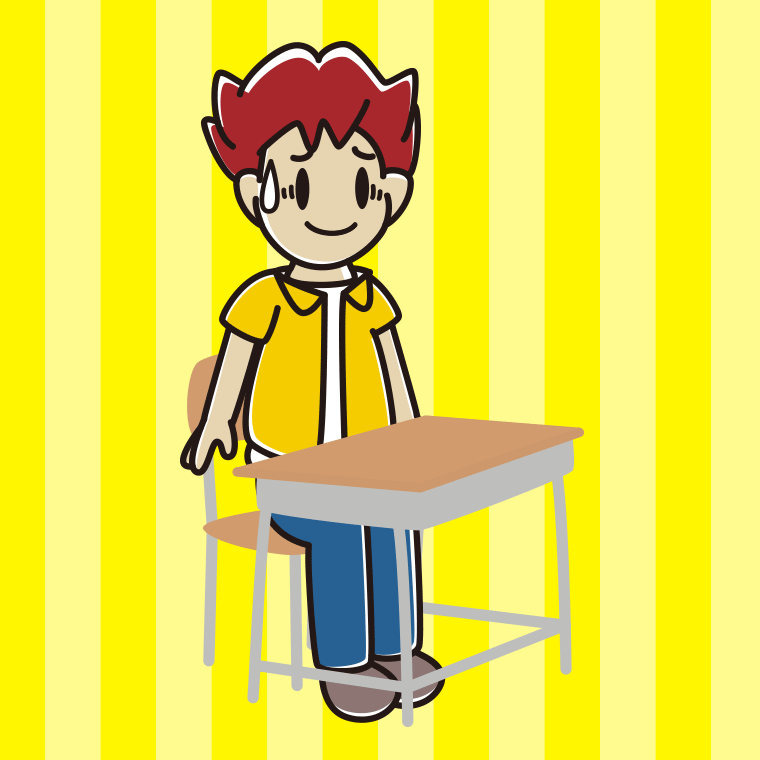 教室の席で苦笑いする男子大学生のイラスト【色、背景あり】PNG