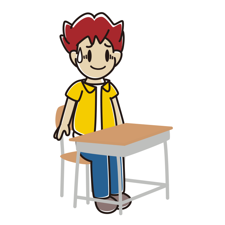 教室の席で苦笑いする男子大学生のイラスト【色あり、背景なし】透過PNG