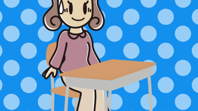 教室の席で苦笑いする女子大学生のイラスト【色、背景あり】PNG