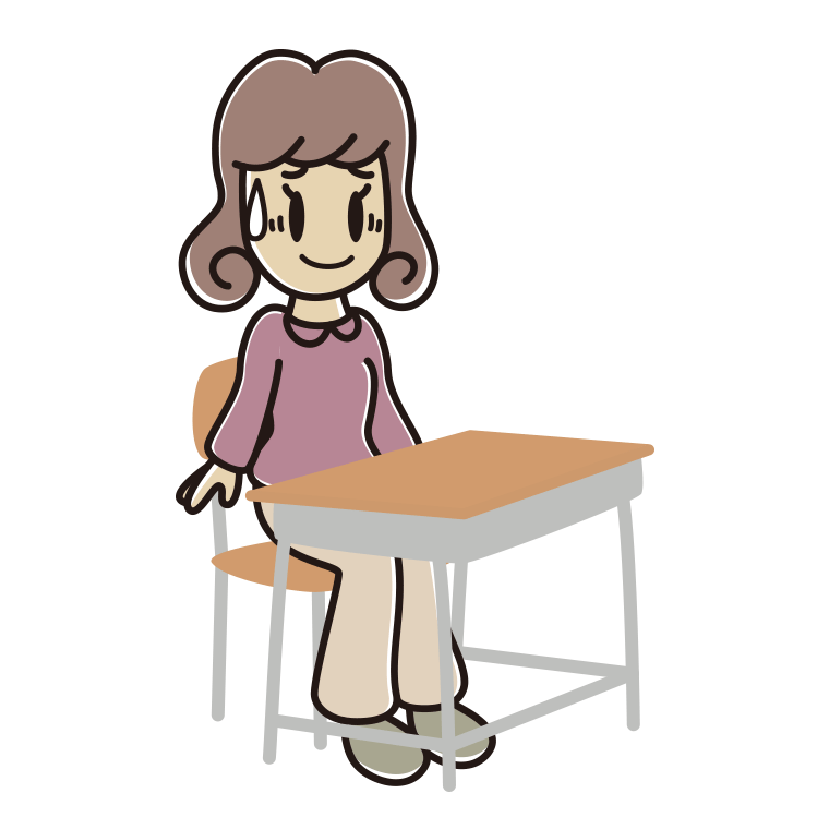 教室の席で苦笑いする女子大学生のイラスト【色あり、背景なし】透過PNG