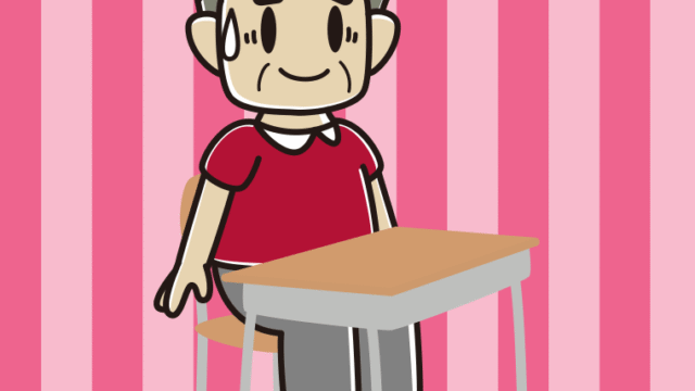 教室の席で苦笑いするおじさんのイラスト【色、背景あり】PNG