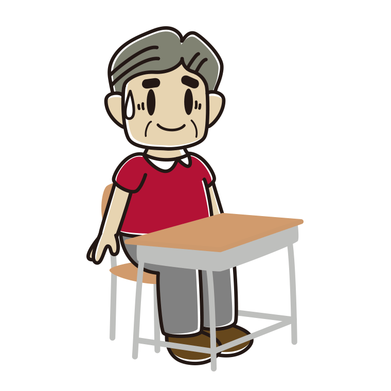 教室の席で苦笑いするおじさんのイラスト【色あり、背景なし】透過PNG