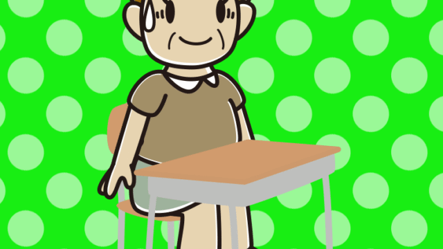 教室の席で苦笑いするおばさんのイラスト【色、背景あり】PNG