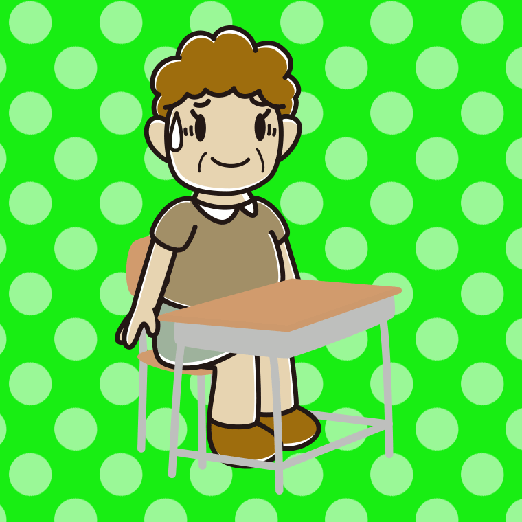 教室の席で苦笑いするおばさんのイラスト【色、背景あり】PNG