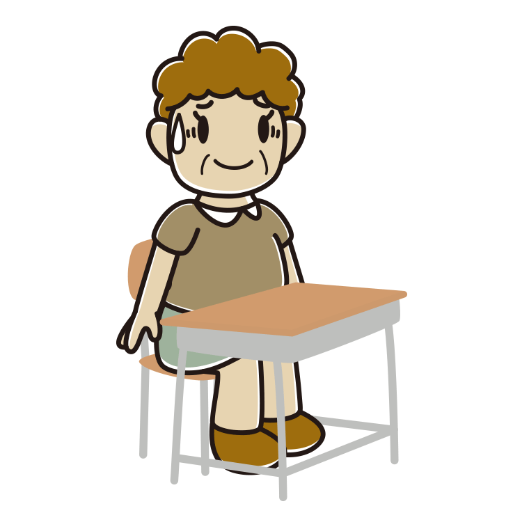 教室の席で苦笑いするおばさんのイラスト【色あり、背景なし】透過PNG