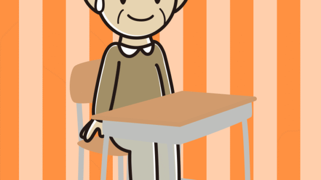 教室の席で苦笑いするおじいさんのイラスト【色、背景あり】PNG