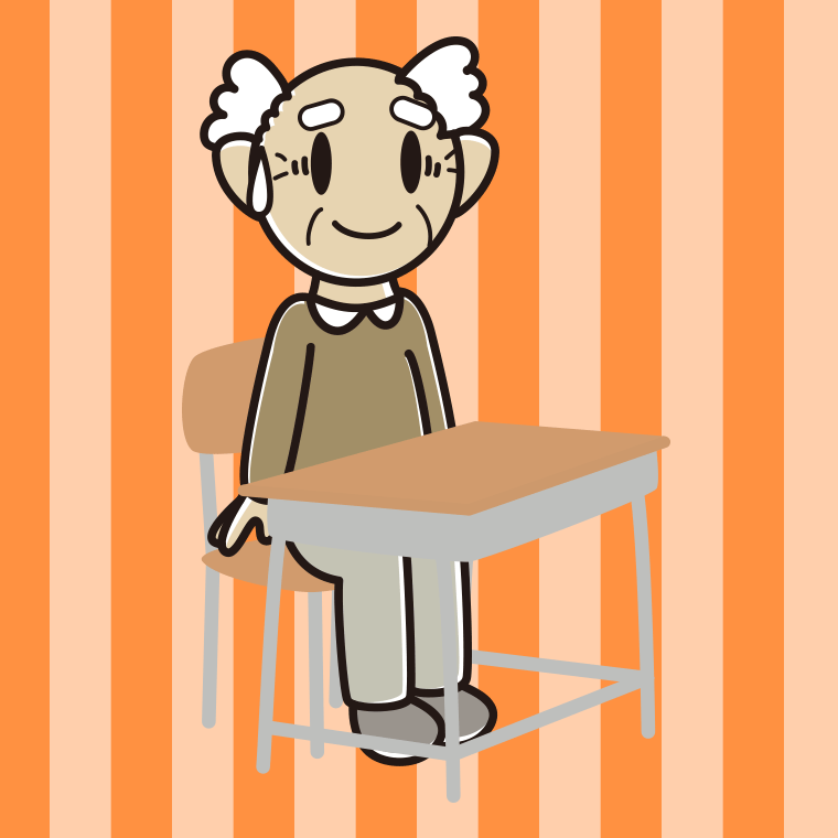 教室の席で苦笑いするおじいさんのイラスト【色、背景あり】PNG