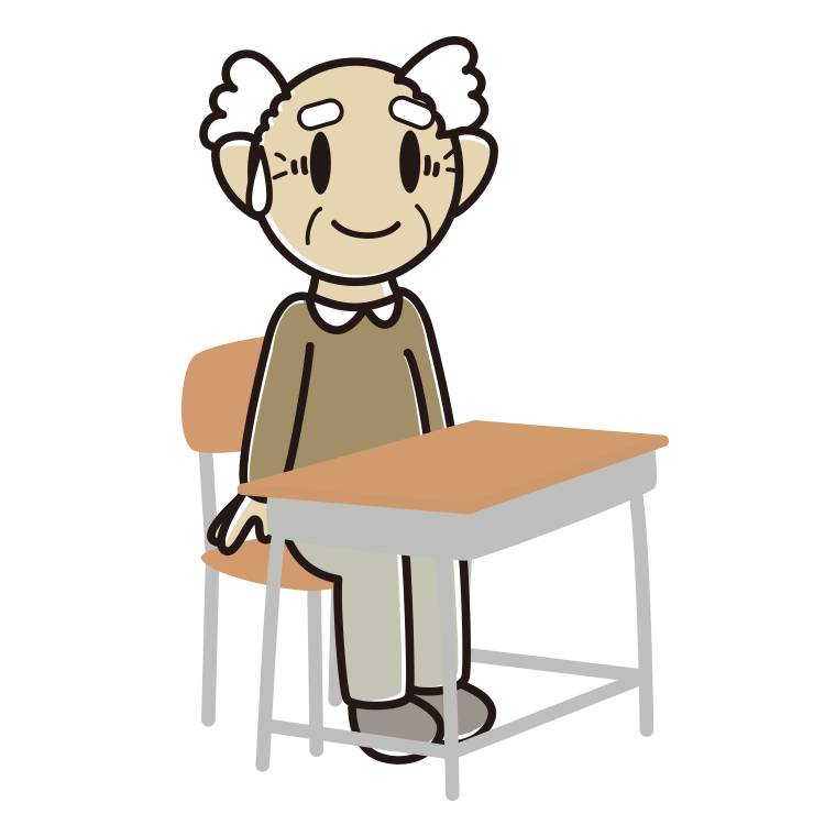 教室の席で苦笑いするおじいさんのイラスト【色あり、背景なし】透過PNG