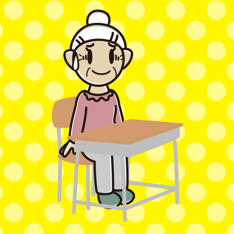 教室の席で苦笑いするおばあさんのイラスト【色、背景あり】PNG