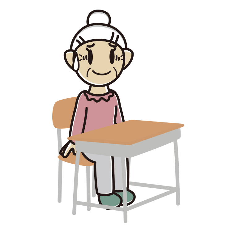 教室の席で苦笑いするおばあさんのイラスト【色あり、背景なし】透過PNG