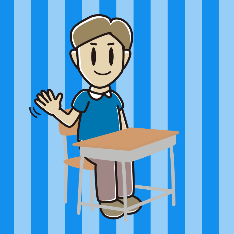 教室の席で手を振る男性のイラスト【色、背景あり】PNG