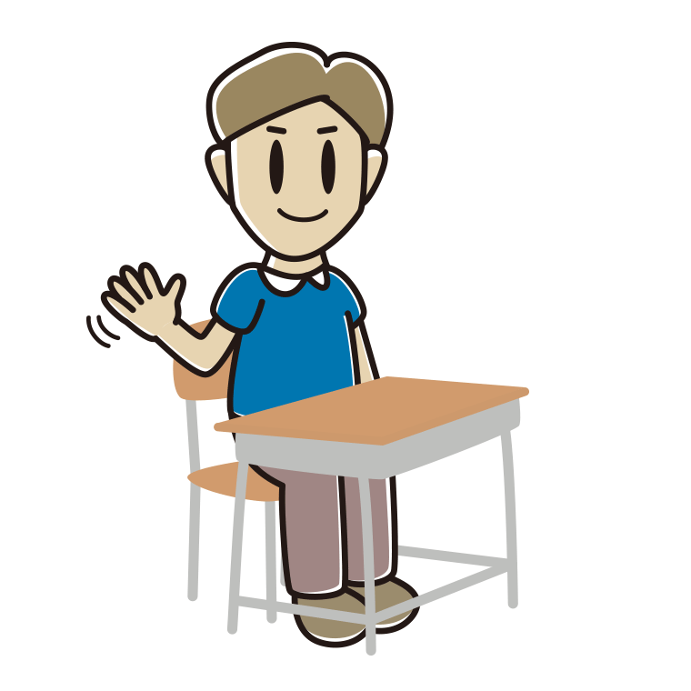 教室の席で手を振る男性のイラスト【色あり、背景なし】透過PNG