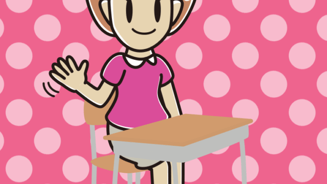 教室の席で手を振る女性のイラスト【色、背景あり】PNG