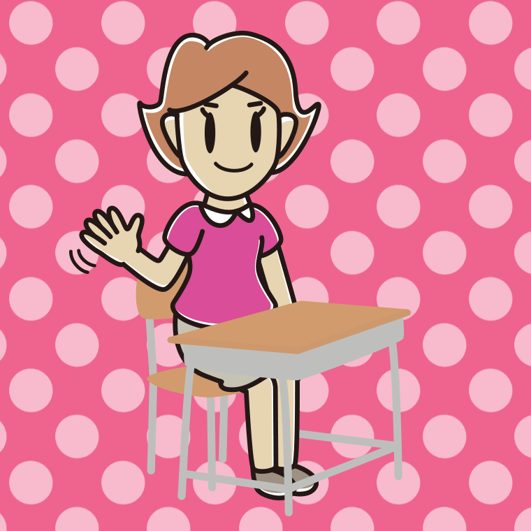 教室の席で手を振る女性のイラスト【色、背景あり】PNG