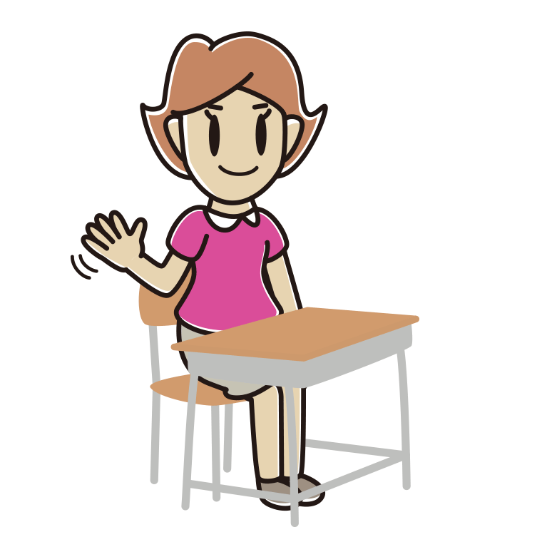 教室の席で手を振る女性のイラスト【色あり、背景なし】透過PNG