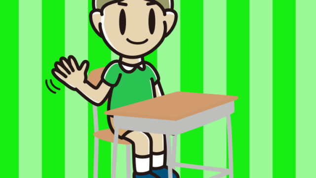 教室の席で手を振る小学生男子のイラスト【色、背景あり】PNG