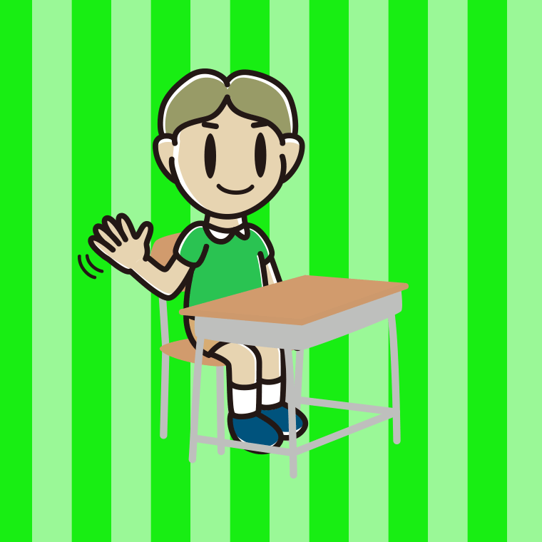 教室の席で手を振る小学生男子のイラスト【色、背景あり】PNG