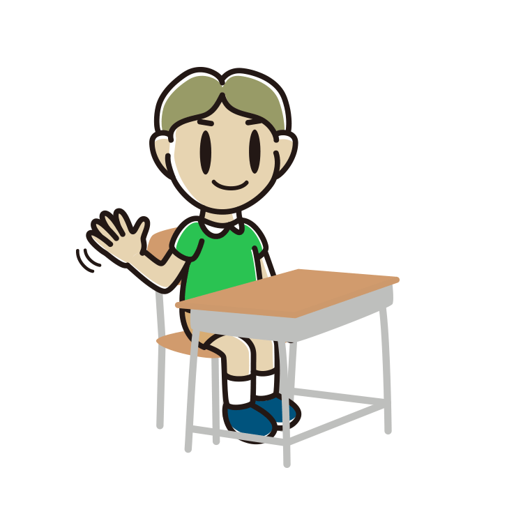教室の席で手を振る小学生男子のイラスト【色あり、背景なし】透過PNG