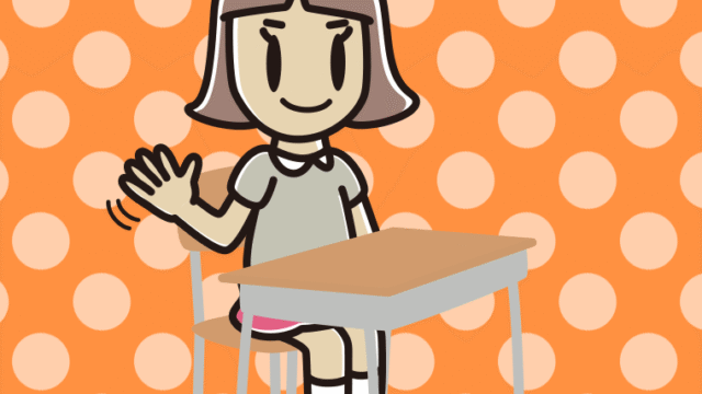 教室の席で手を振る小学生女子のイラスト【色、背景あり】PNG