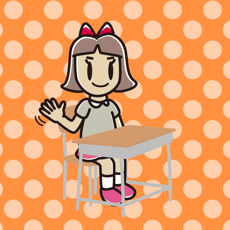 教室の席で手を振る小学生女子のイラスト【色、背景あり】PNG