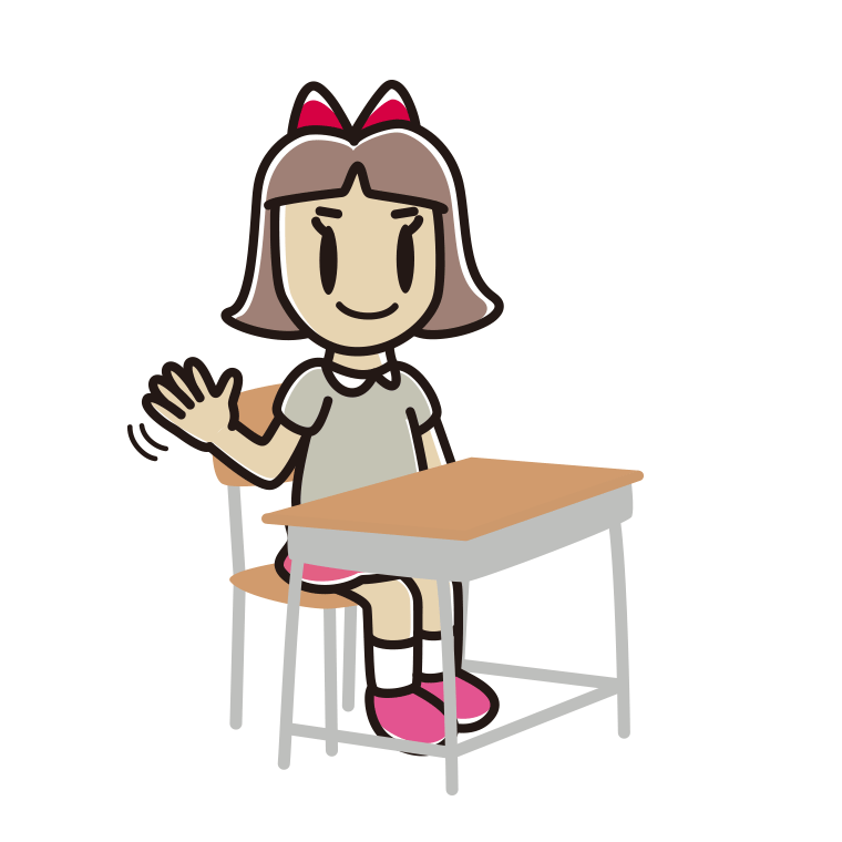 教室の席で手を振る小学生女子のイラスト【色あり、背景なし】透過PNG