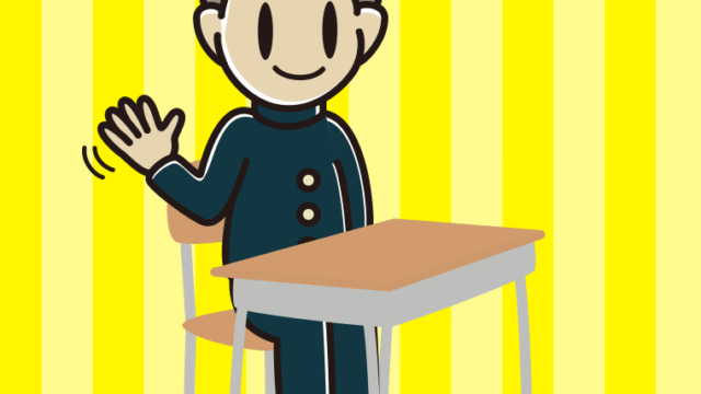 教室の席で手を振る男子中学生のイラスト【色、背景あり】PNG