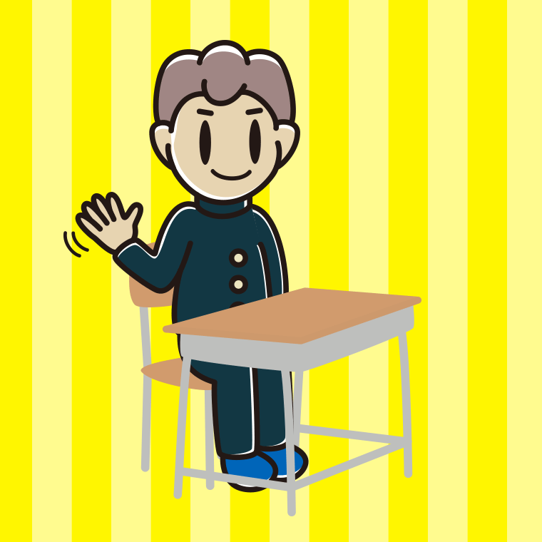 教室の席で手を振る男子中学生のイラスト【色、背景あり】PNG
