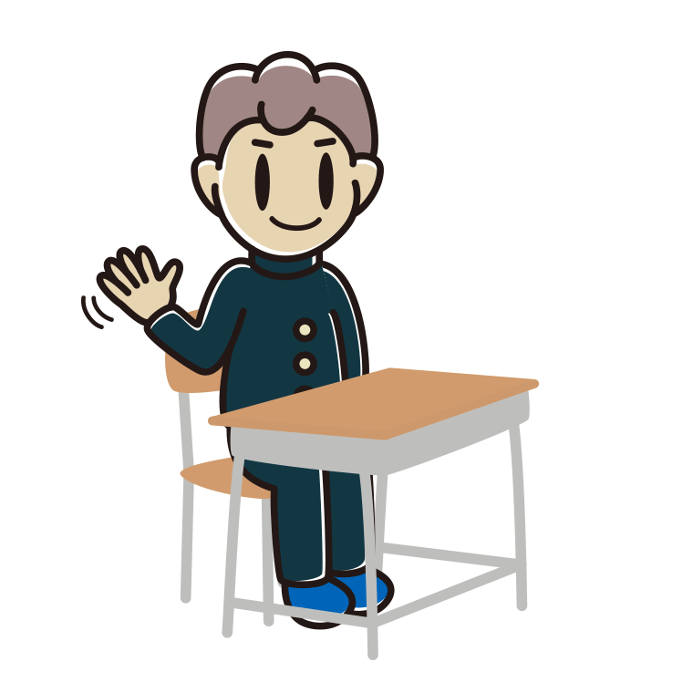 教室の席で手を振る男子中学生のイラスト【色あり、背景なし】透過PNG