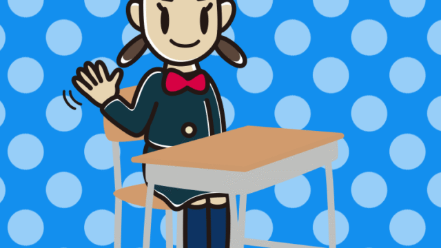 教室の席で手を振る女子中学生のイラスト【色、背景あり】PNG
