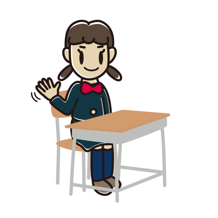 教室の席で手を振る女子中学生のイラスト【色あり、背景なし】透過PNG