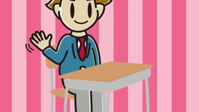 教室の席で手を振る男子高校生のイラスト【色、背景あり】PNG