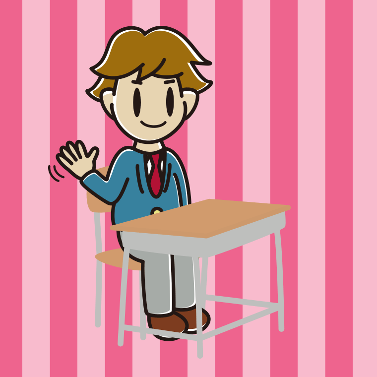 教室の席で手を振る男子高校生のイラスト【色、背景あり】PNG