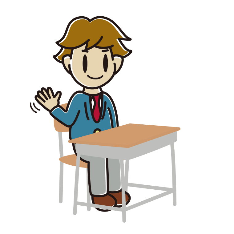 教室の席で手を振る男子高校生のイラスト【色あり、背景なし】透過PNG