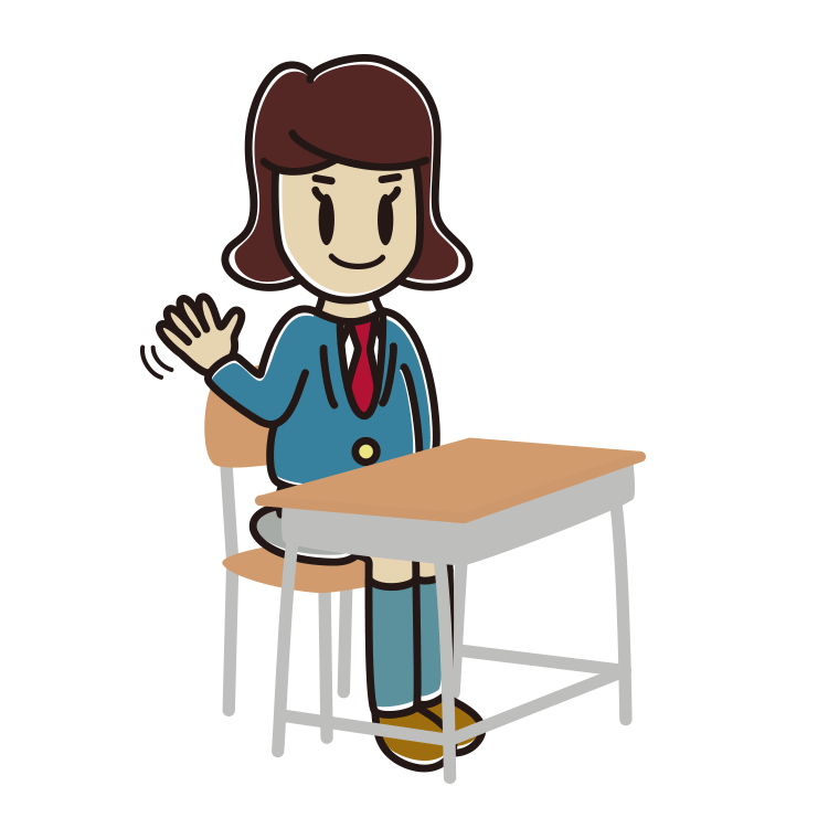 教室の席で手を振る女子高校生のイラスト【色あり、背景なし】透過PNG